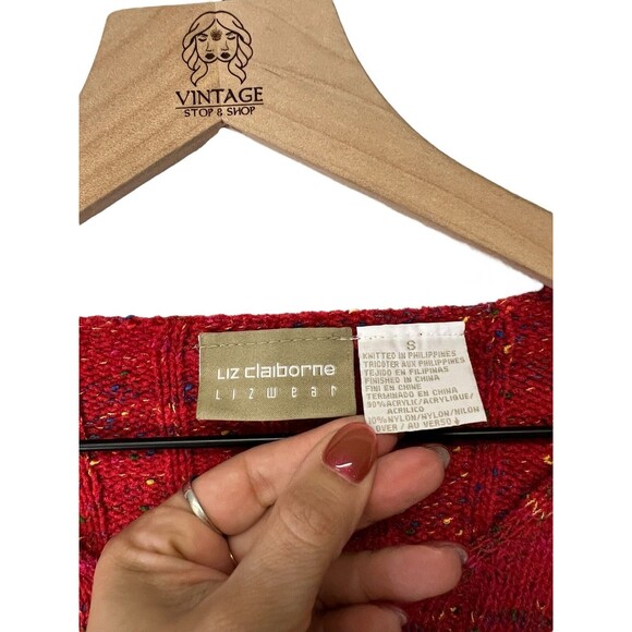 90s Vintage Liz Claiborne Red Pullover Ribbed Knit Long Sleeve Sweater Small - Picture 3 of 8